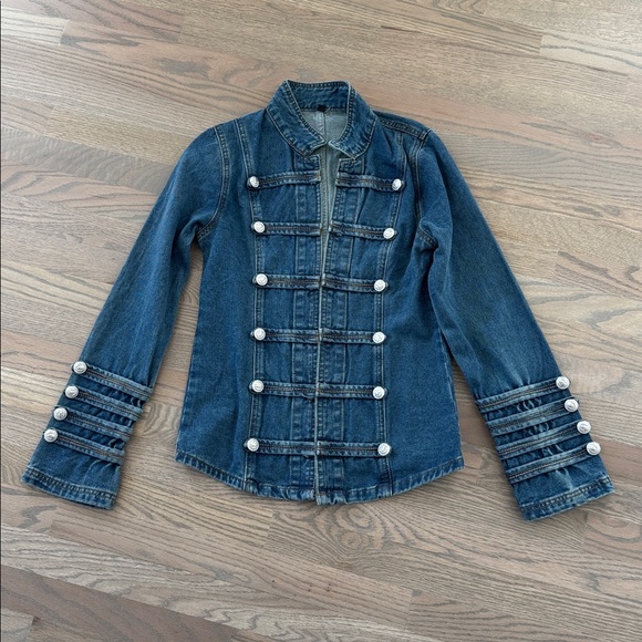 Jackets & Blazers - Military-Inspired Dark Blue Denim Jacket with Decorative Buttons
